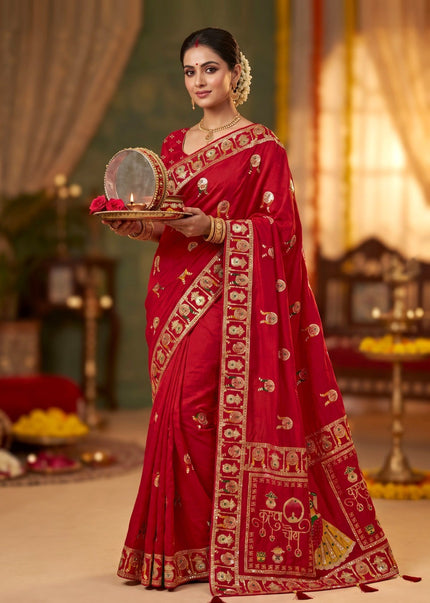 Karwa Chauth Special Red Soft Dola Silk Saree with Traditional Zari Border