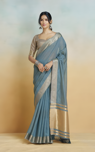 Banarasi Border, Pure Handloom Khadi Silk With Chit Pallu & Tassels (Grey)