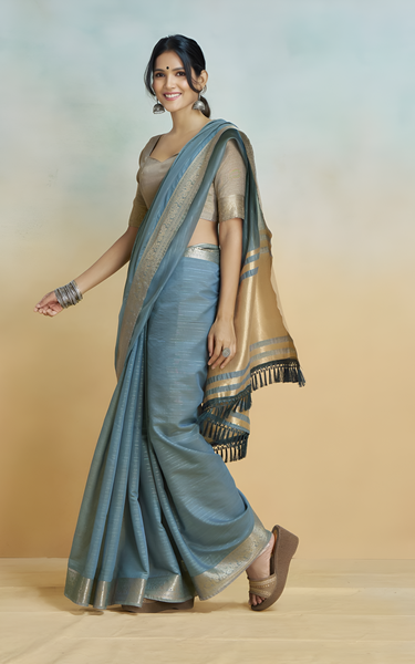 Banarasi Border, Pure Handloom Khadi Silk With Chit Pallu & Tassels (Grey)