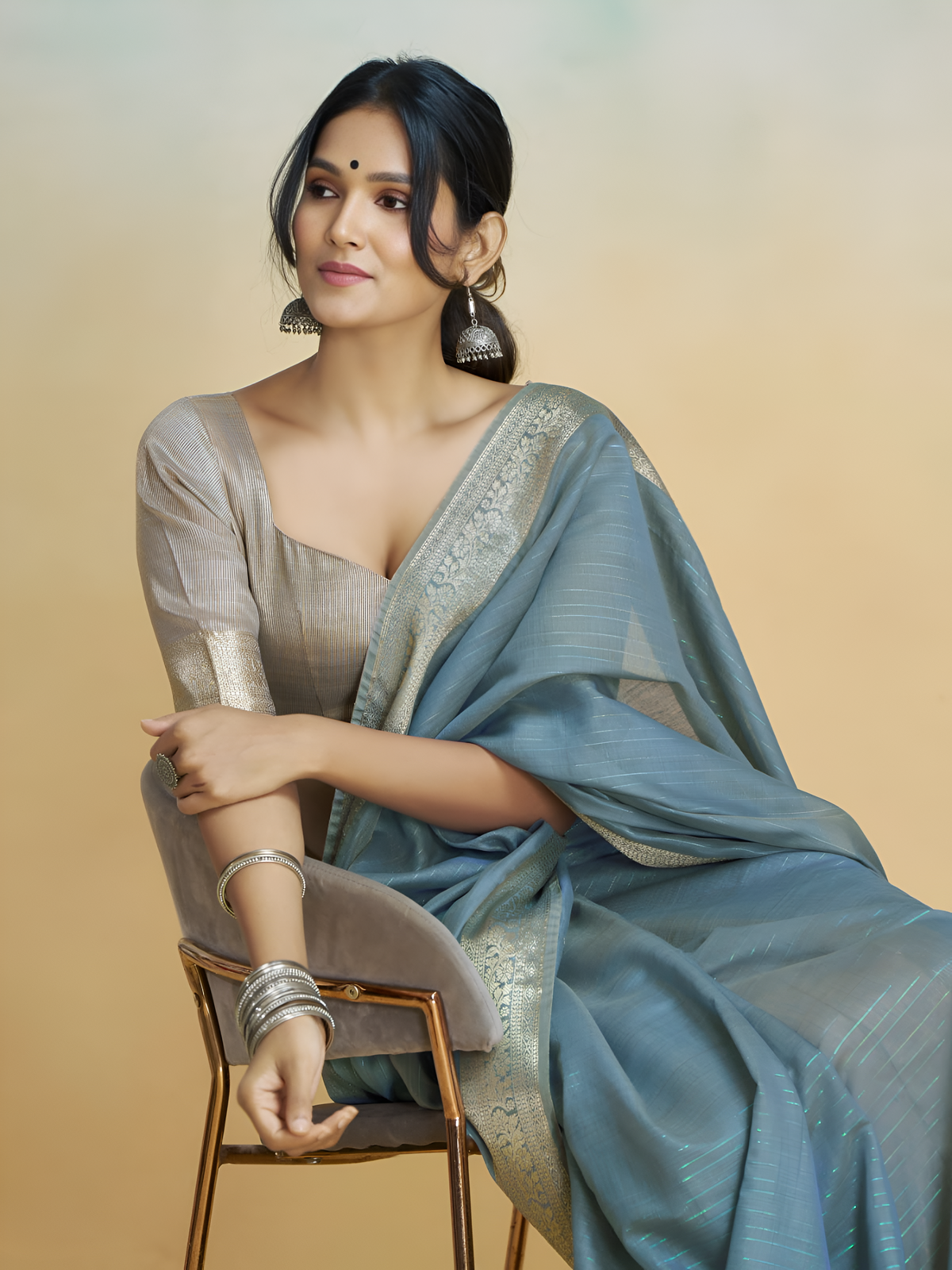 Banarasi Border, Pure Handloom Khadi Silk With Chit Pallu & Tassels (Grey)