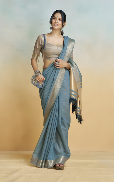 Banarasi Border, Pure Handloom Khadi Silk With Chit Pallu & Tassels (Grey)