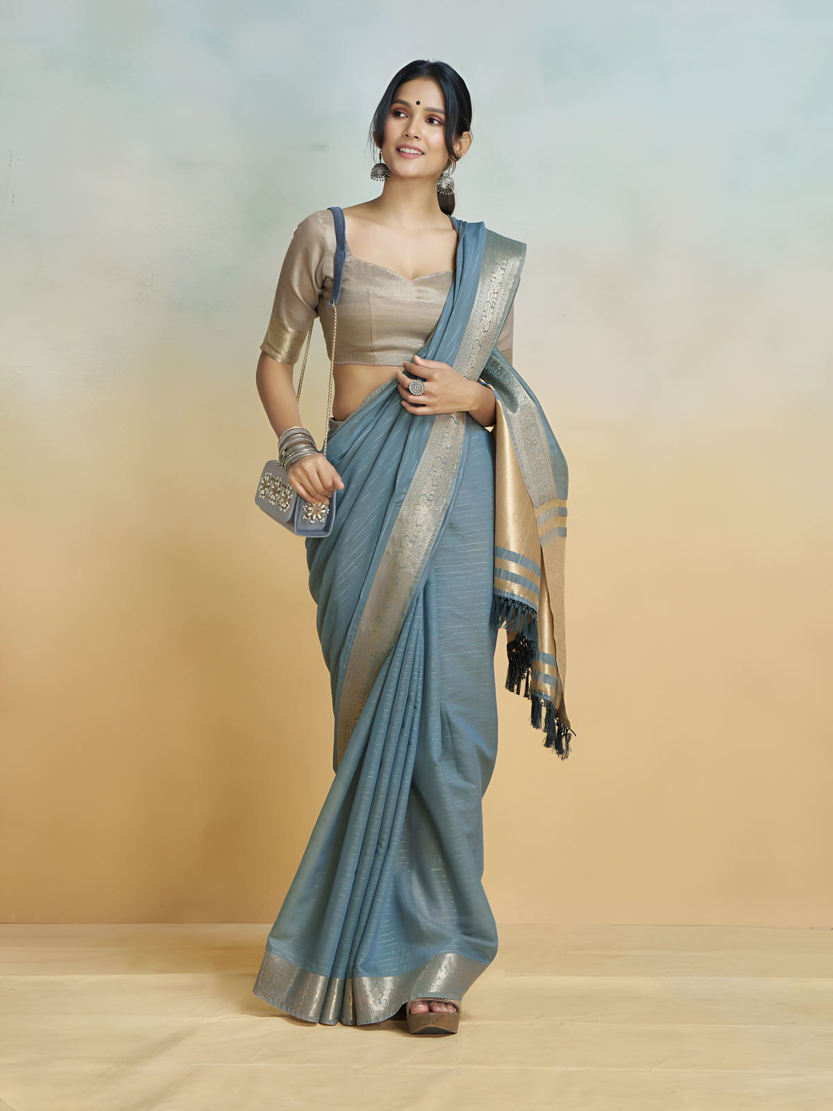 Banarasi Border, Pure Handloom Khadi Silk With Chit Pallu & Tassels (Grey)