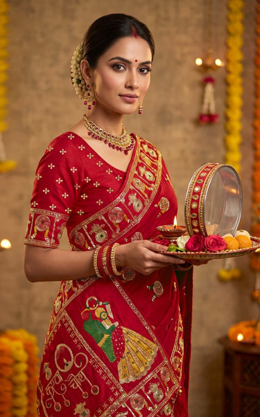 Karwa Chauth Special Red Soft Dola Silk Saree with Traditional Zari Border