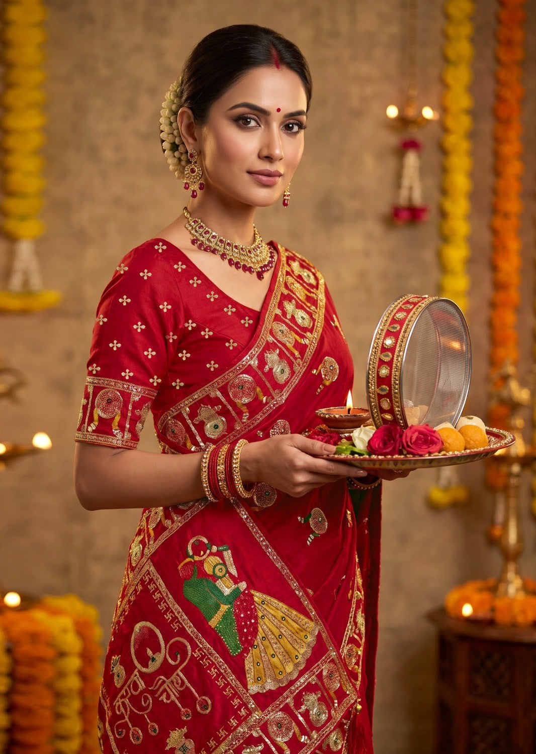 Karwa Chauth Special Red Soft Dola Silk Saree with Traditional Zari Border