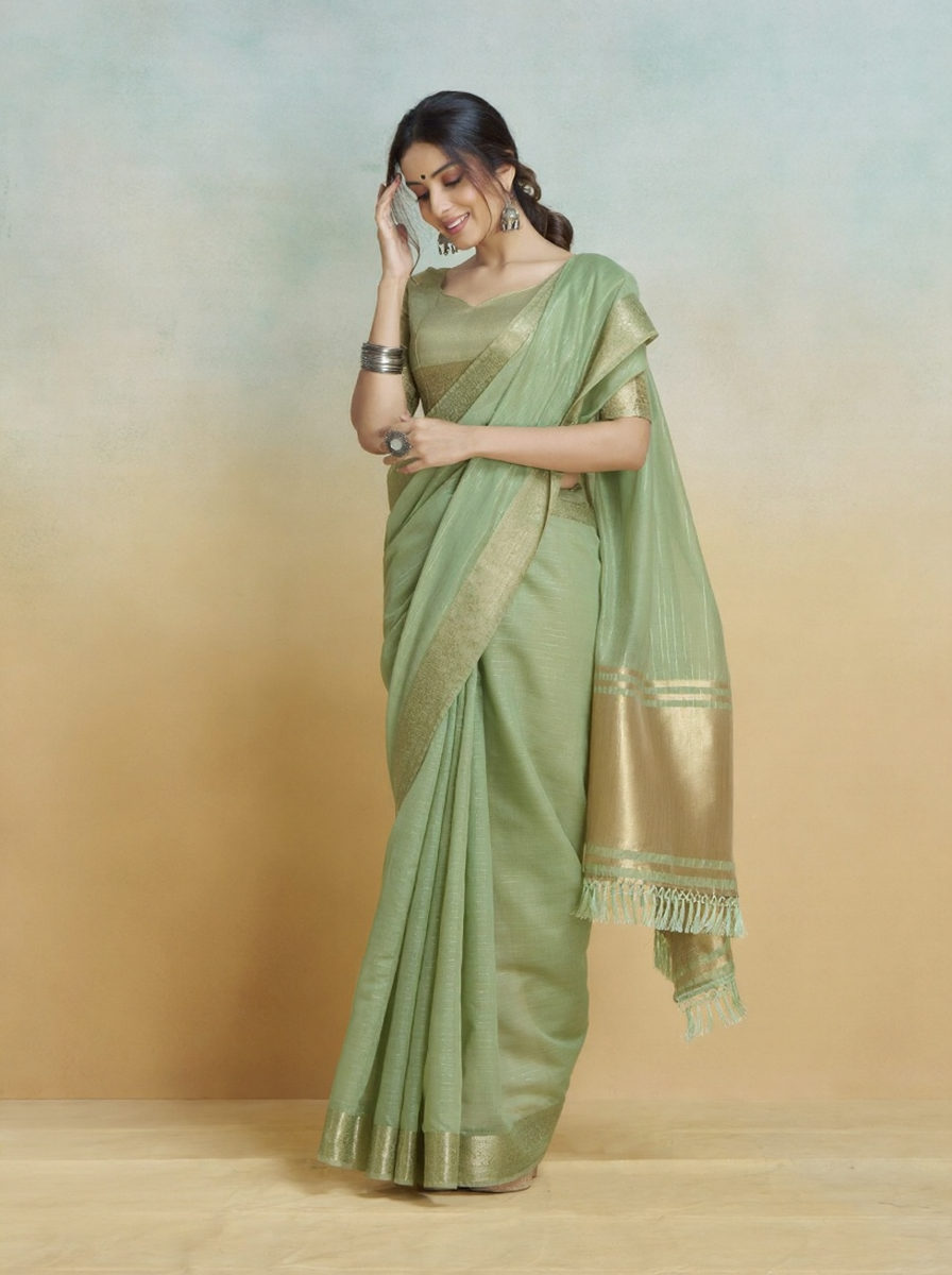 Banarasi Border, Pure Handloom Khadi Silk With Chit Pallu & Tassels (Pista Green)