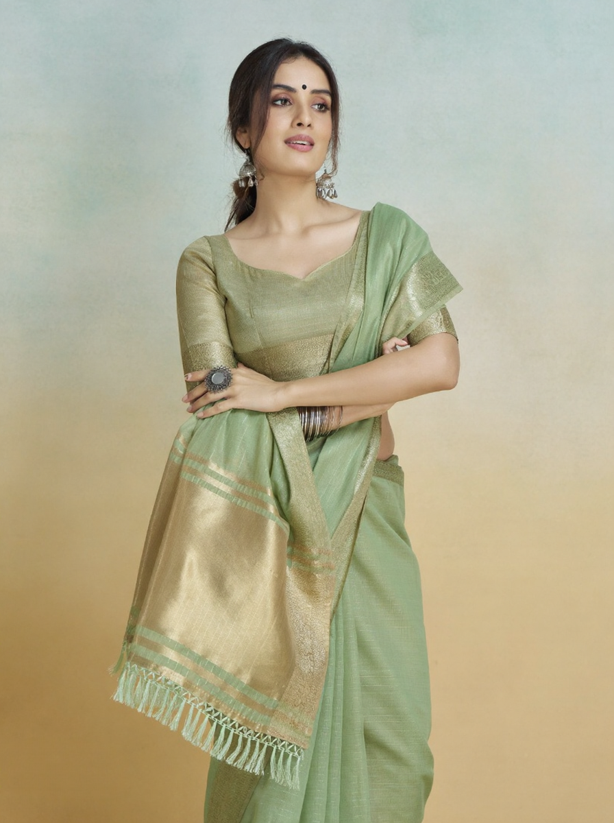 Banarasi Border, Pure Handloom Khadi Silk With Chit Pallu & Tassels (Pista Green)