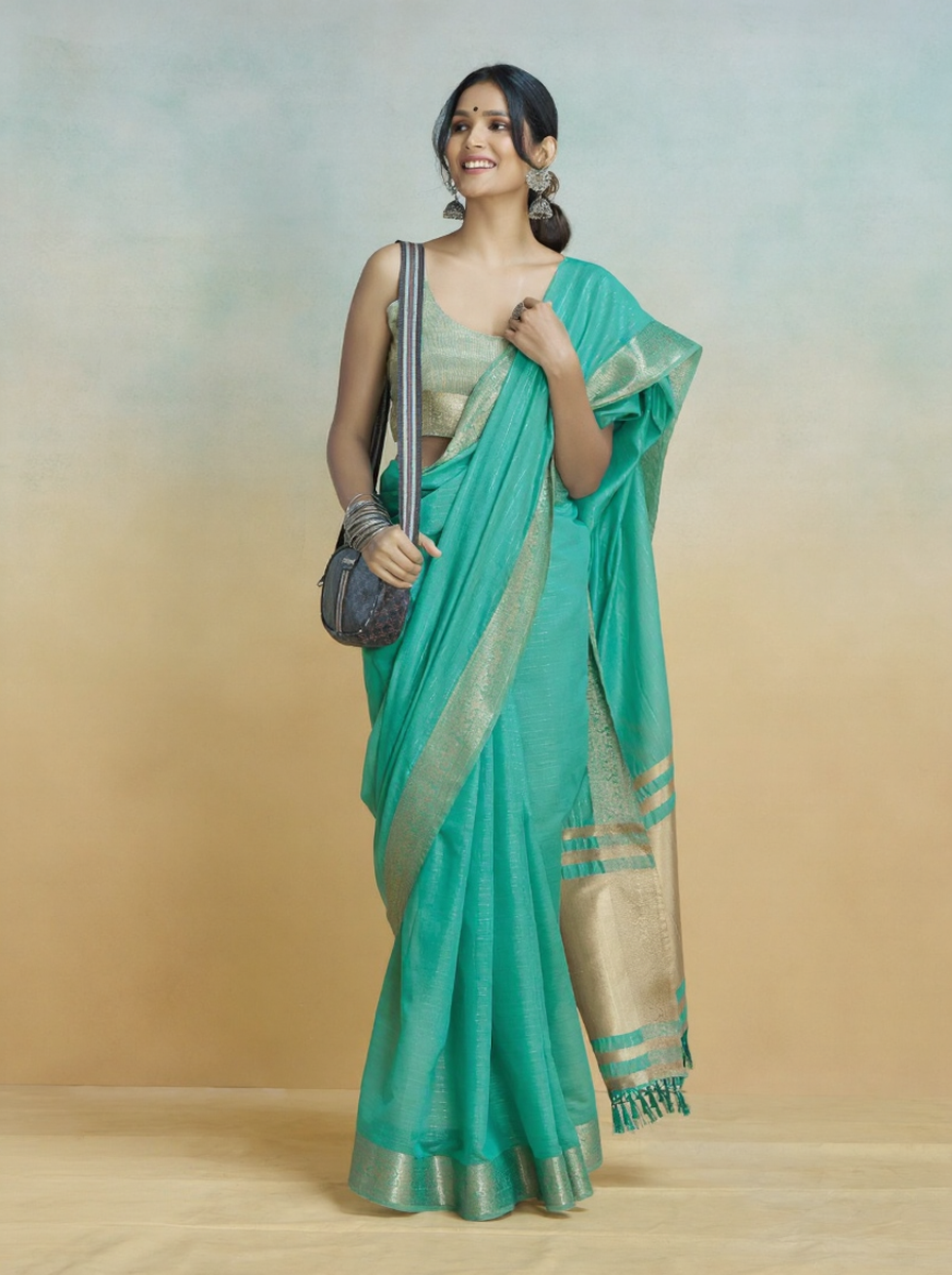 Banarasi Border, Pure Handloom Khadi Silk With Chit Pallu & Tassels (Aqua Blue)