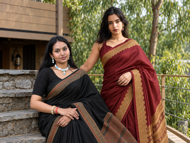 Two women in black and maroon sarees - buy any 2 sarees for Rs 1499 combo offer