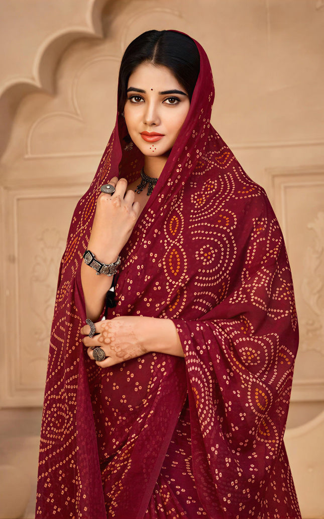 Graphic Print, Printed Bandhani Chiffon, Georgette Saree (Maroon)
