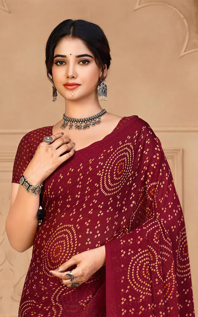 Graphic Print, Printed Bandhani Chiffon, Georgette Saree (Maroon)