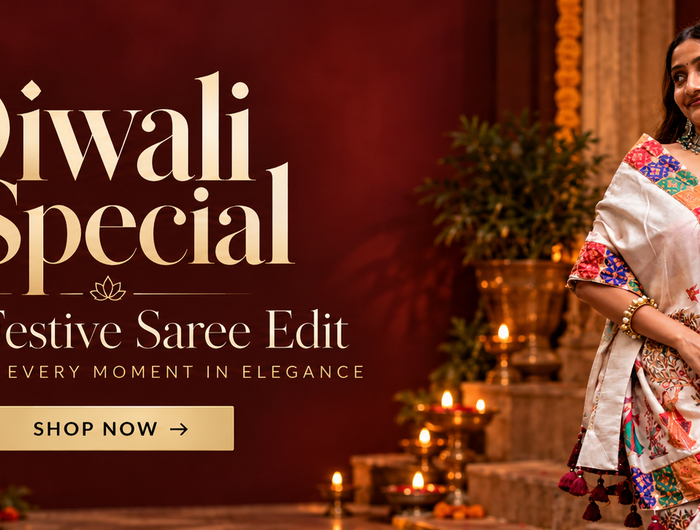 Diwali Special - The Festive Saree Edit, woman in ivory saree with colourful patchwork border among diyas