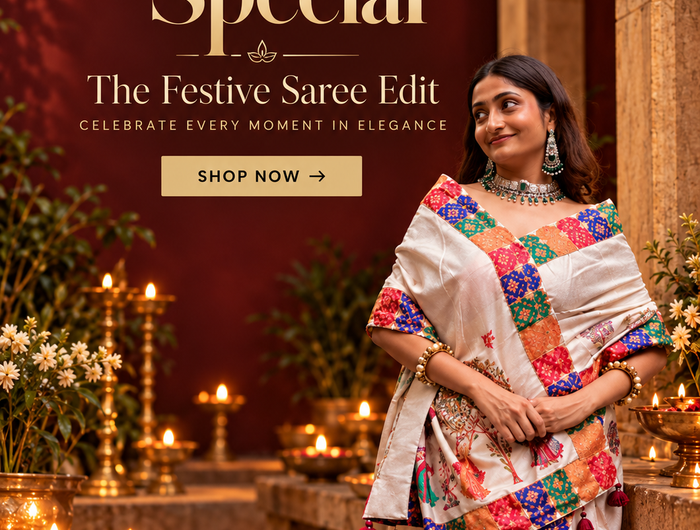Diwali Special - The Festive Saree Edit, woman in ivory saree with colourful patchwork border among diyas