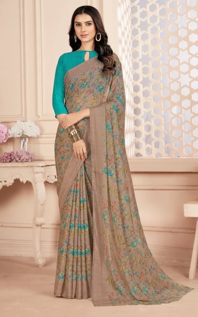Floral Print Kalamkari Chiffon, Georgette Saree (Multicolor)