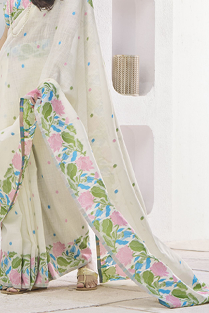 Pure Linen Saree, With All Over Weaving Contrast Border And C Pallu (Cream)