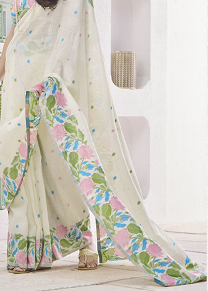 Pure Linen Saree, With All Over Weaving Contrast Border And C Pallu (Cream)