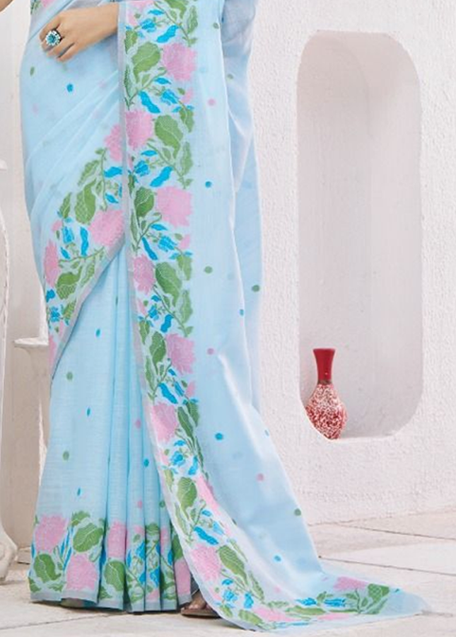 Pure Linen Saree, With All Over Weaving Contrast Border And C Pallu (Blue)