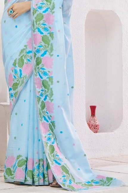 Pure Linen Saree, With All Over Weaving Contrast Border And C Pallu (Blue)