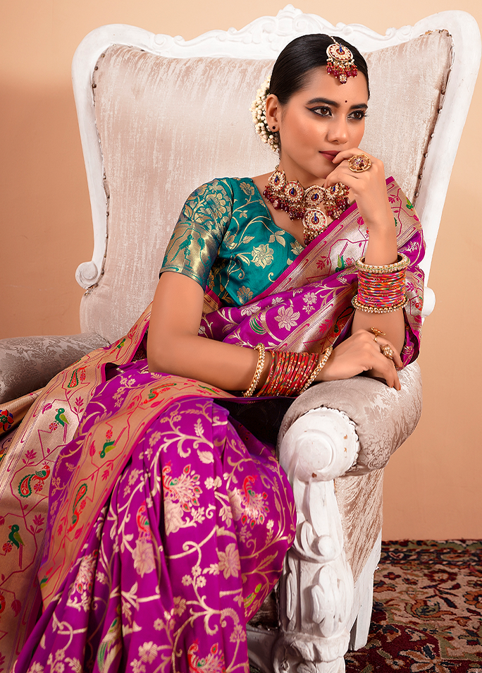 Paithani Silk Saree With Contrast Blouse (Purple)