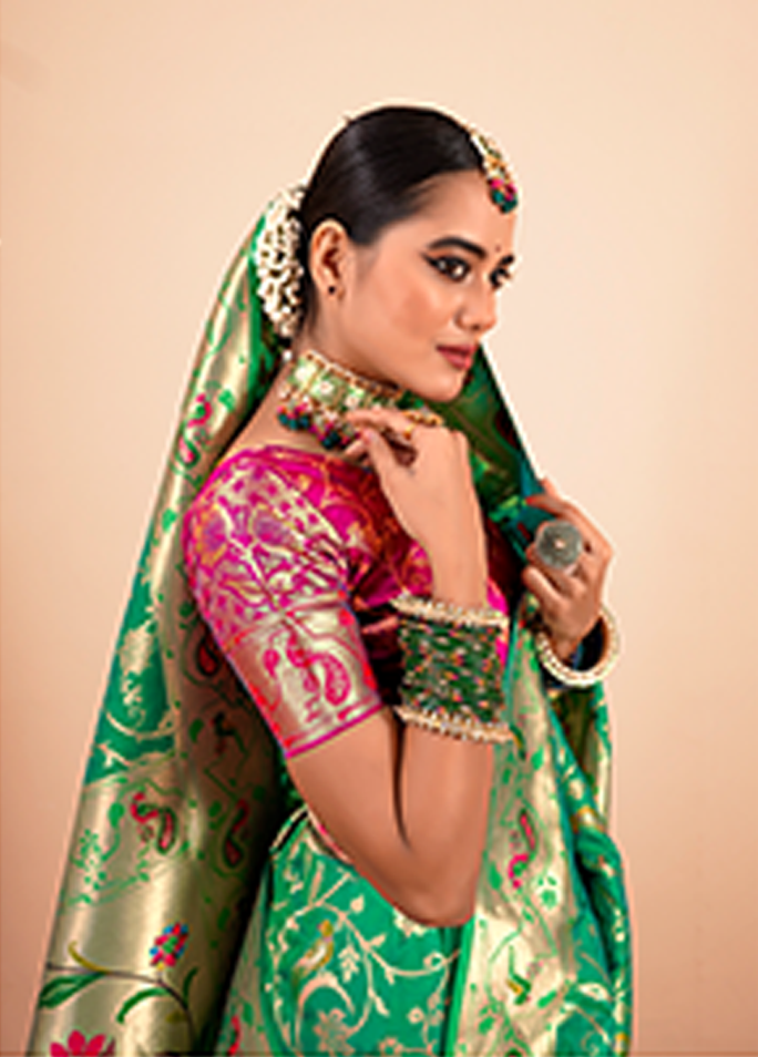 Paithani Silk Saree With Contrast Blouse (Green)