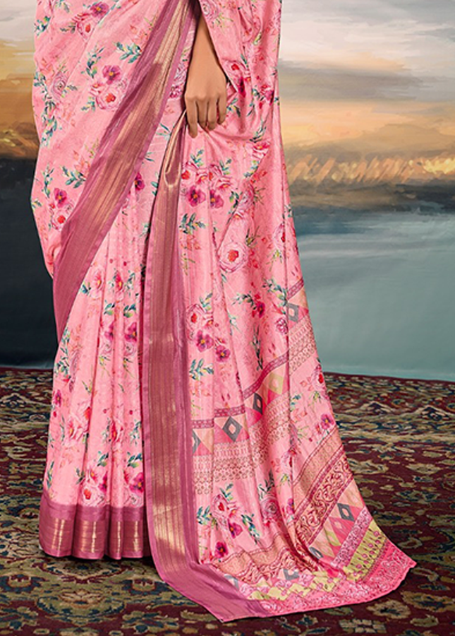 Pure Cotton Silk,Digital Print Organza Saree (Pink)