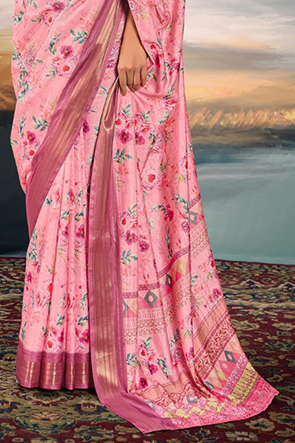 Pure Cotton Silk,Digital Print Organza Saree (Pink)
