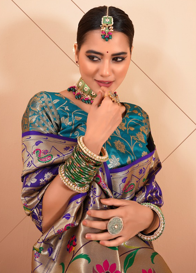 Paithani Silk Saree With Contrast Blouse (Royal Blue)