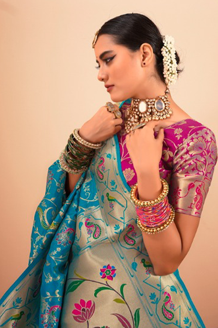 Paithani Silk Saree (Sky Blue)