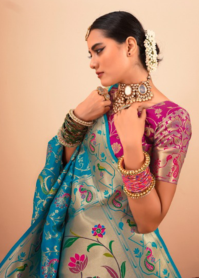 Paithani Silk Saree With Contrast Blouse (Teal Blue)