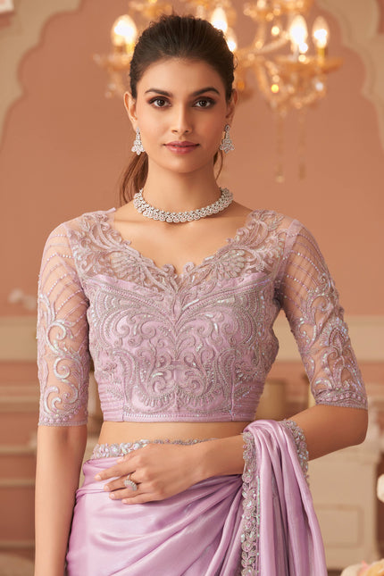 Lavender Solid Poly Georgette Saree with Silk Blend Blouse