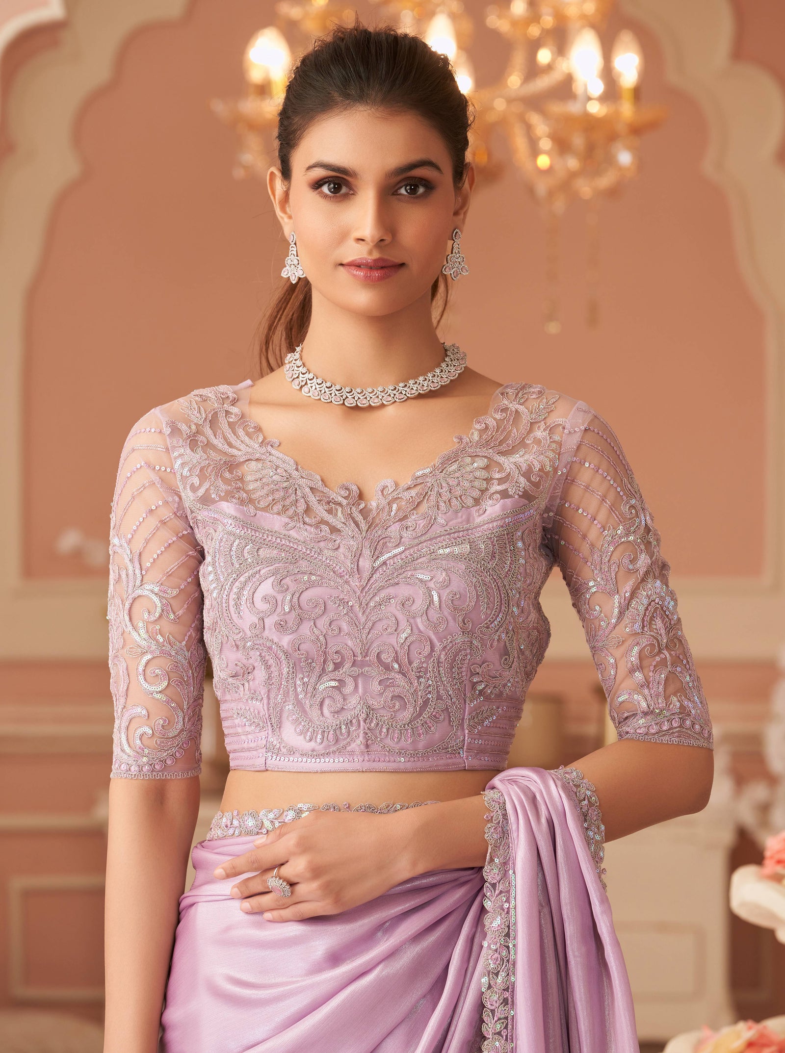 Lavender Solid Poly Georgette Saree with Silk Blend Blouse