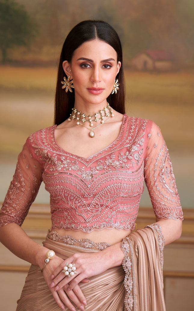 Beige Solid Poly Georgette Saree with Poly Silk Blouse