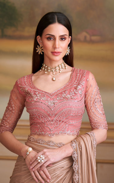 Beige Solid Poly Georgette Saree with Poly Silk Blouse