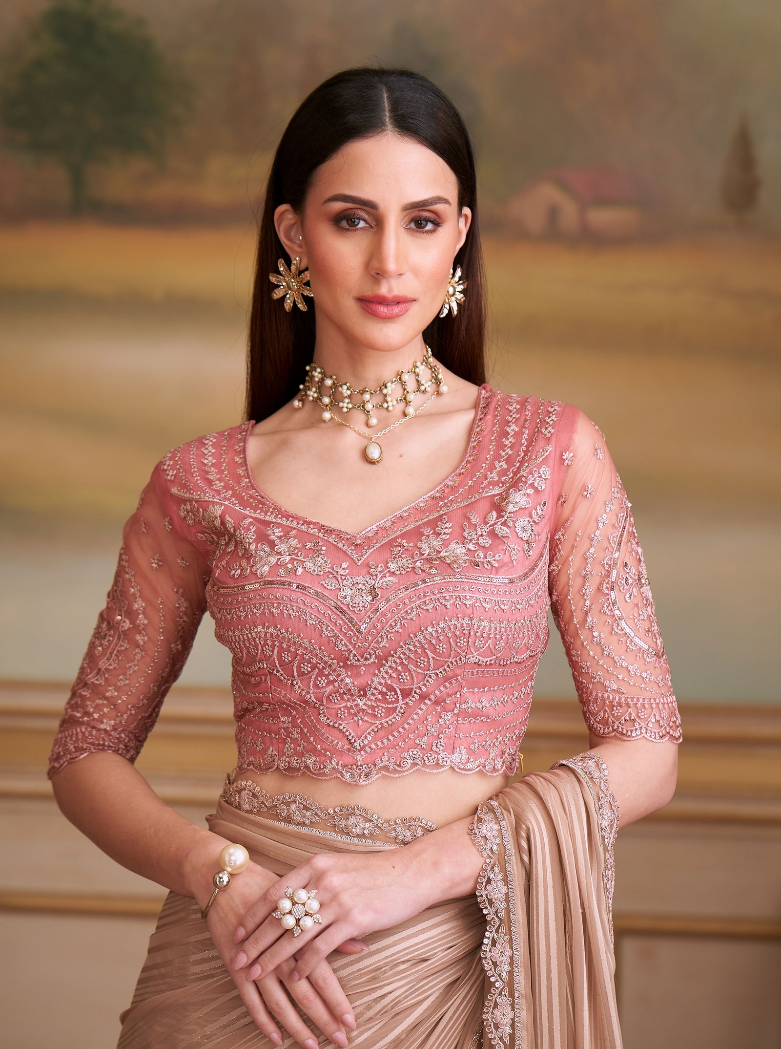 Beige Solid Poly Georgette Saree with Poly Silk Blouse