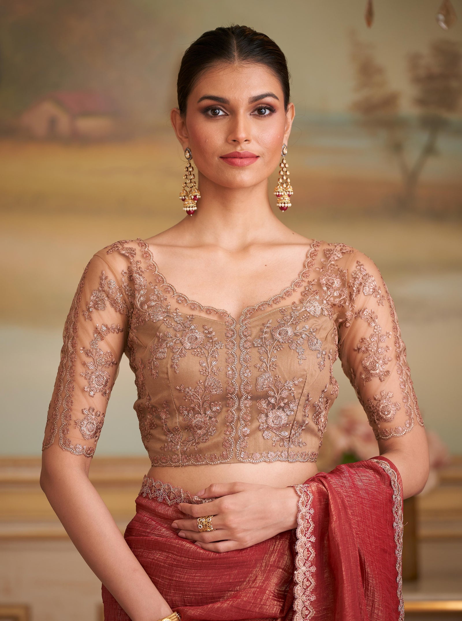 Orange Solid Poly Georgette Saree with Poly Silk Blouse