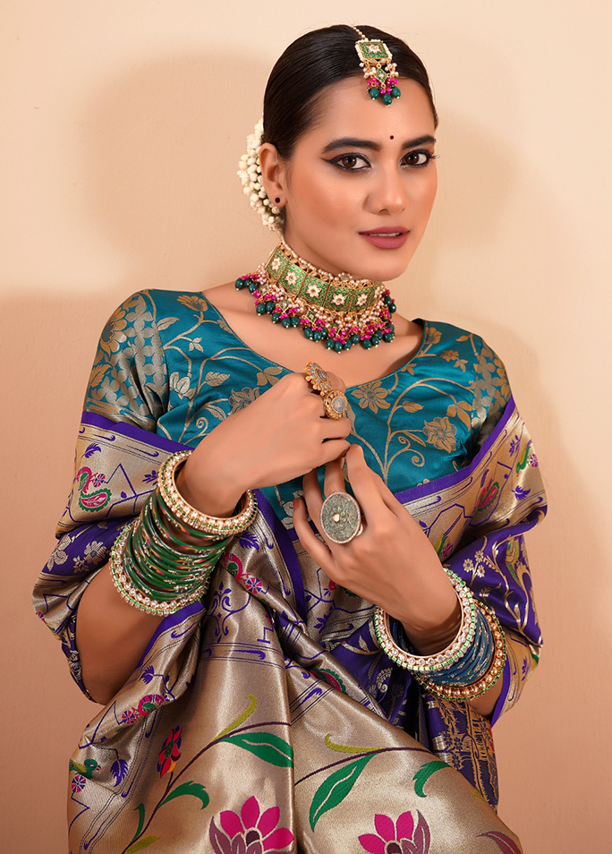 Paithani Silk Saree With Contrast Blouse (Royal Blue)