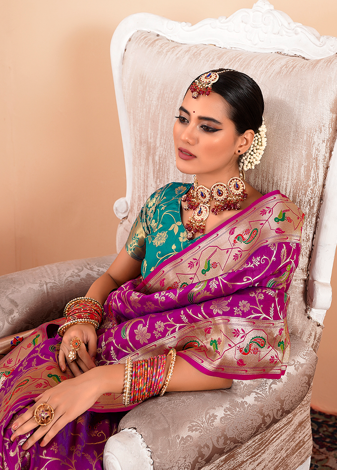 Paithani Silk Saree With Contrast Blouse (Purple)