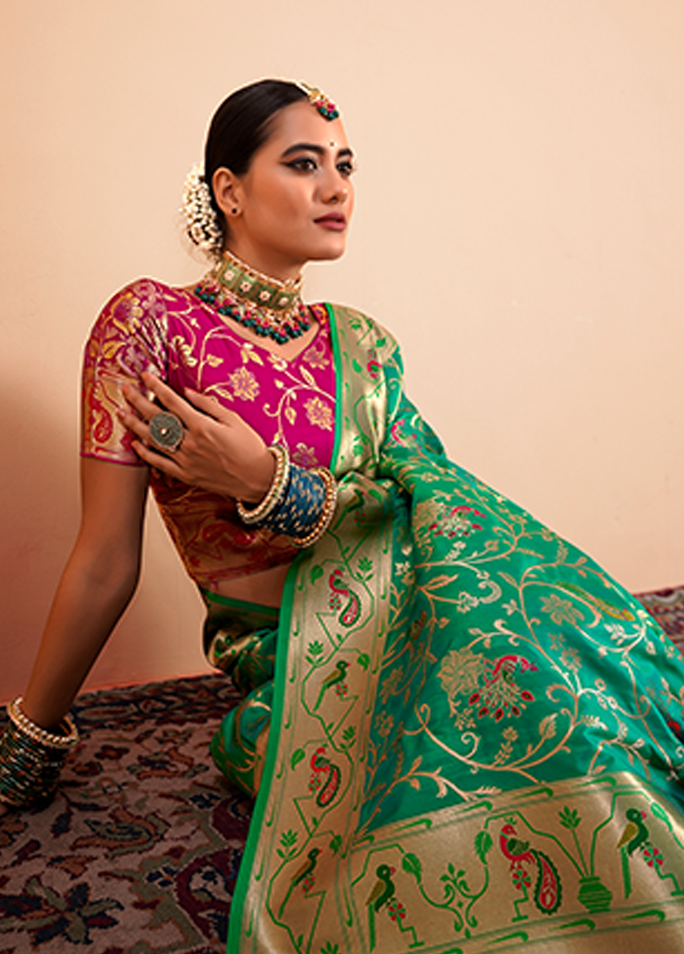 Paithani Silk Saree With Contrast Blouse (Green)