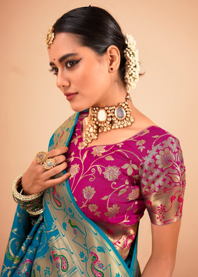 Paithani Silk Saree With Contrast Blouse (Teal Blue)