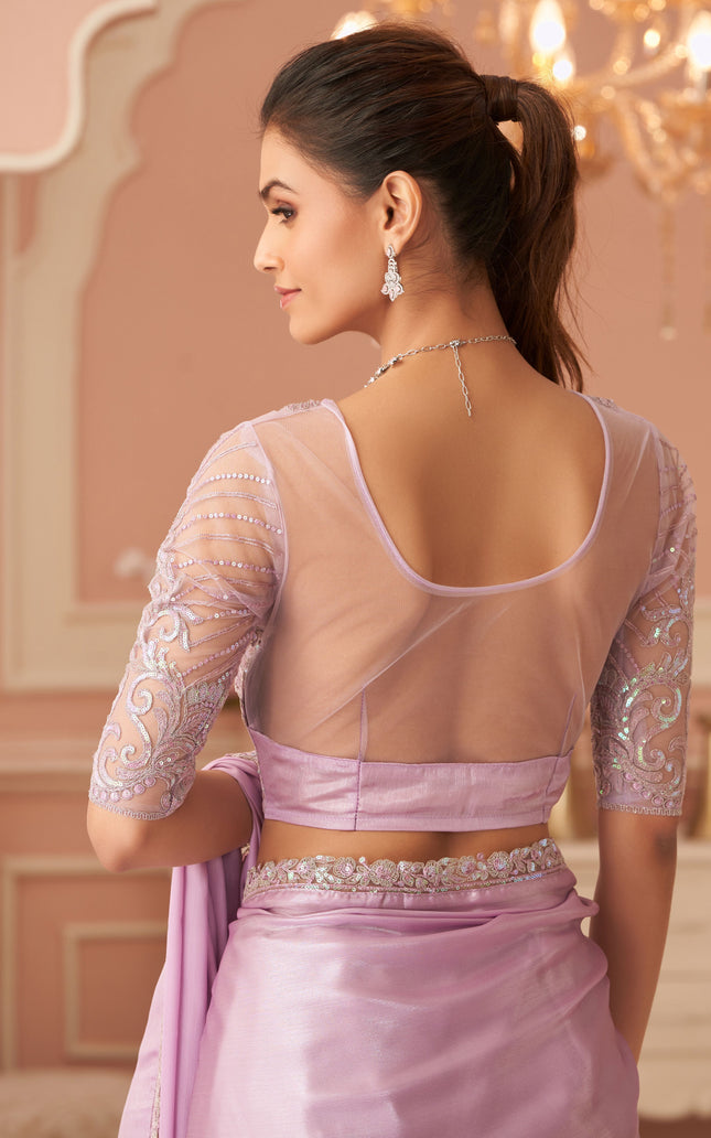 Lavender Solid Poly Georgette Saree with Silk Blend Blouse