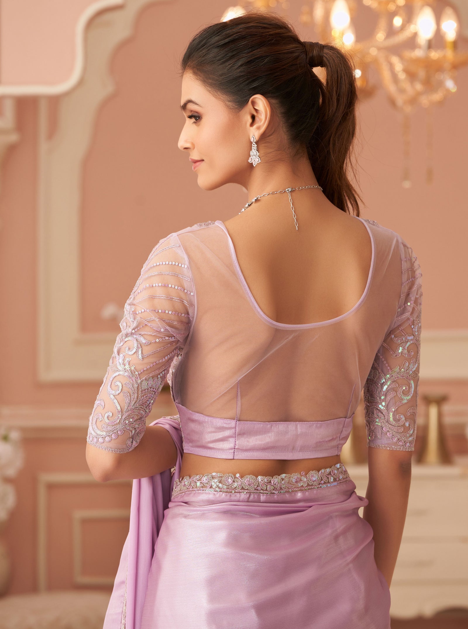 Lavender Solid Poly Georgette Saree with Silk Blend Blouse