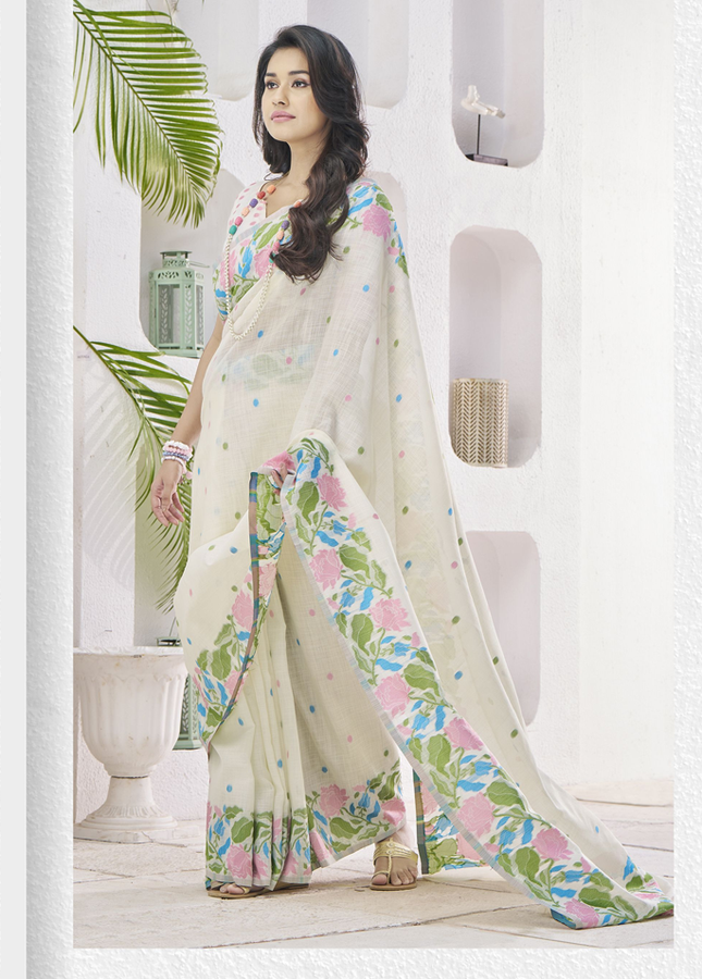 Pure Linen Saree, With All Over Weaving Contrast Border And C Pallu (Cream)