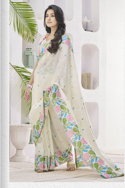 Pure Linen Saree, With All Over Weaving Contrast Border And C Pallu (Cream)