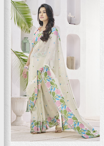 Pure Linen Saree, With All Over Weaving Contrast Border And C Pallu (Cream)