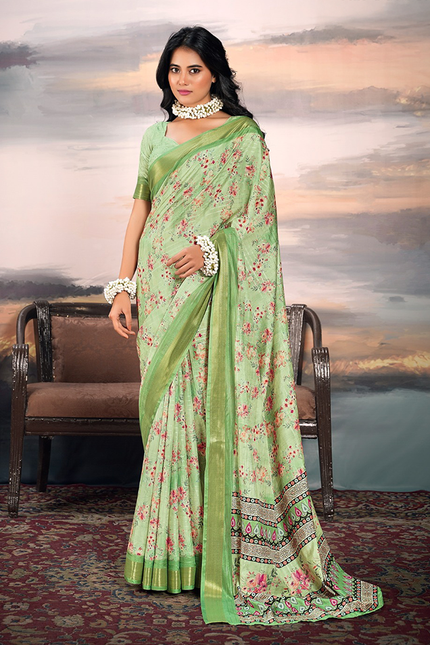 Pure Cotton Silk,Digital Print Organza Saree (Green)