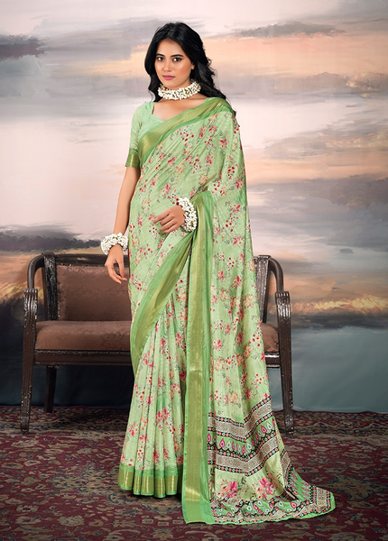 Pure Cotton Silk,Digital Print Organza Saree (Green)