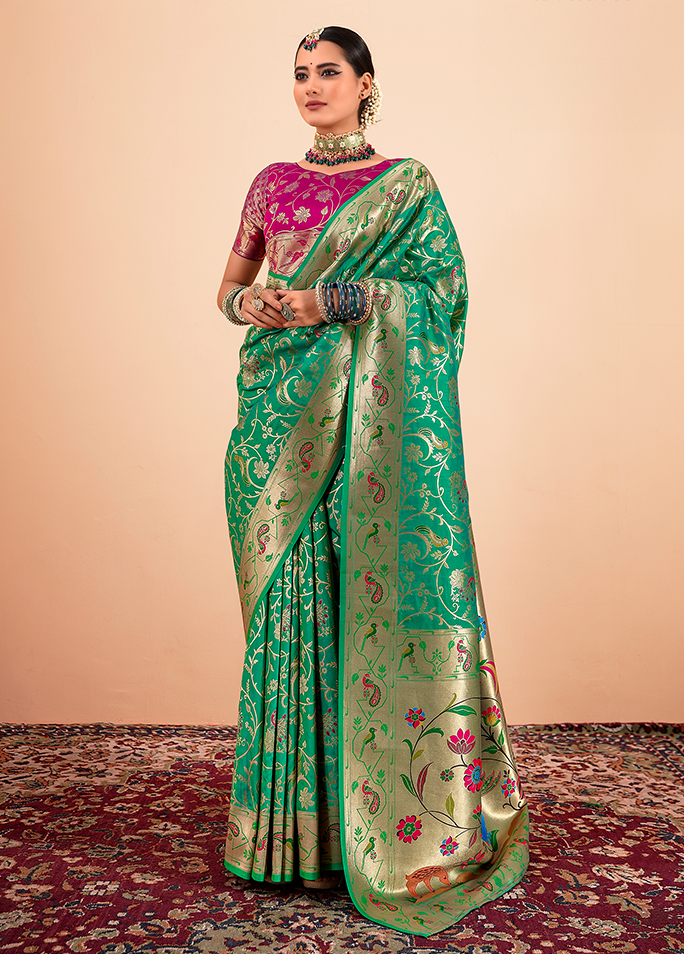Paithani Silk Saree With Contrast Blouse (Green)