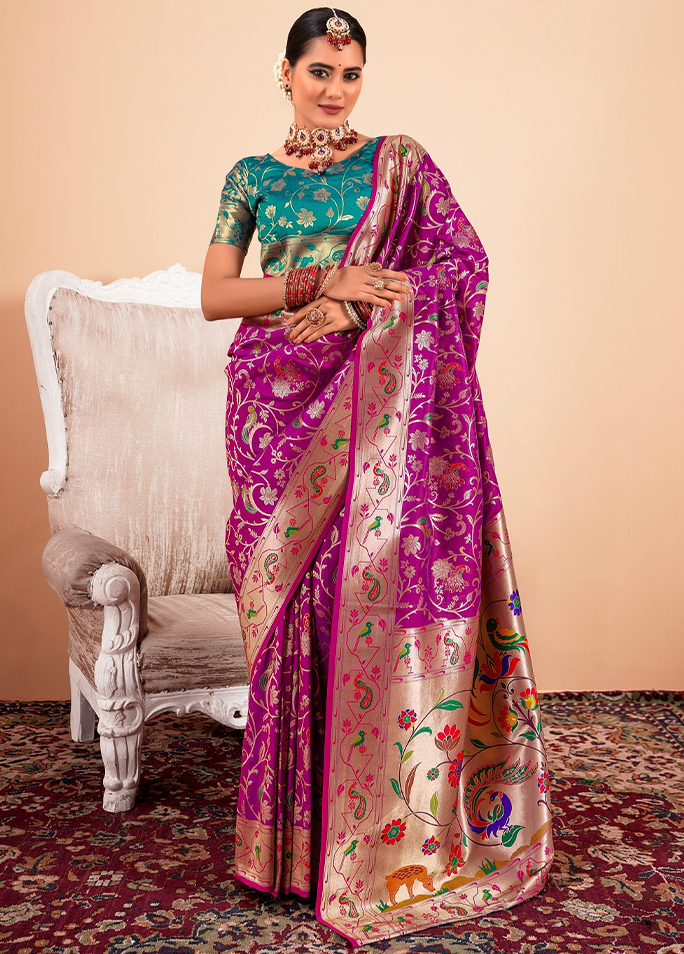 Paithani Silk Saree With Contrast Blouse (Purple)