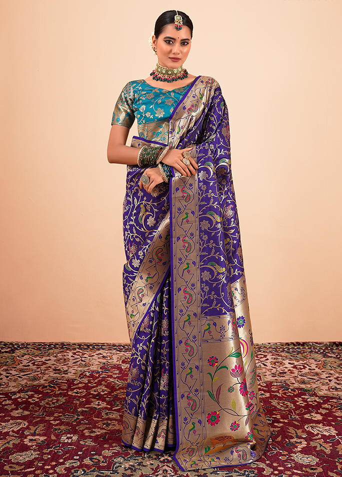 Paithani Silk Saree With Contrast Blouse (Royal Blue)