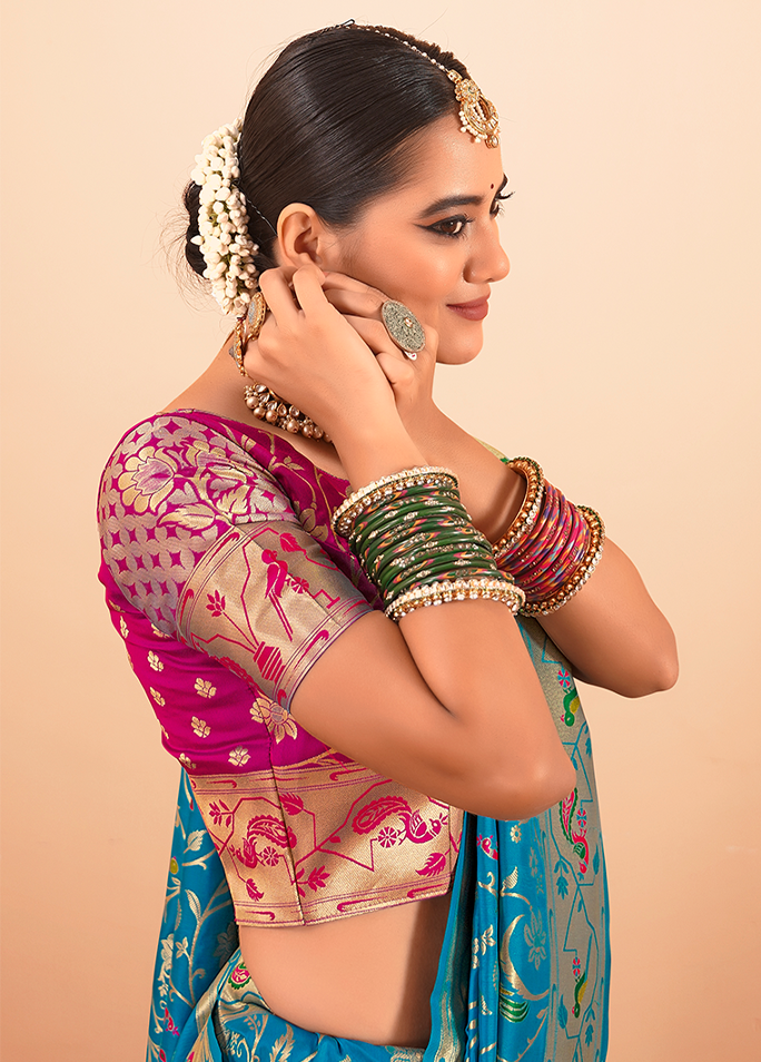 Paithani Silk Saree With Contrast Blouse (Teal Blue)