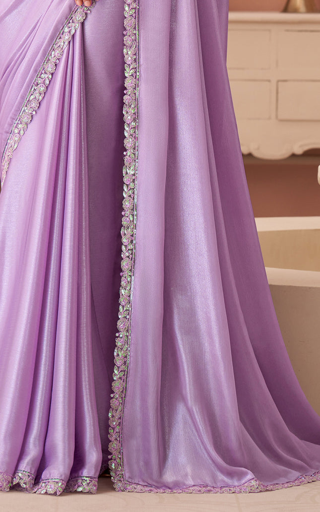 Lavender Solid Poly Georgette Saree with Silk Blend Blouse